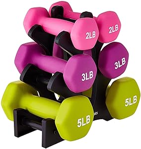 Basics 32 Pounds Neoprene Workout Dumbbell Weights with Weight Rack  - 3 Pairs of Dumbbells